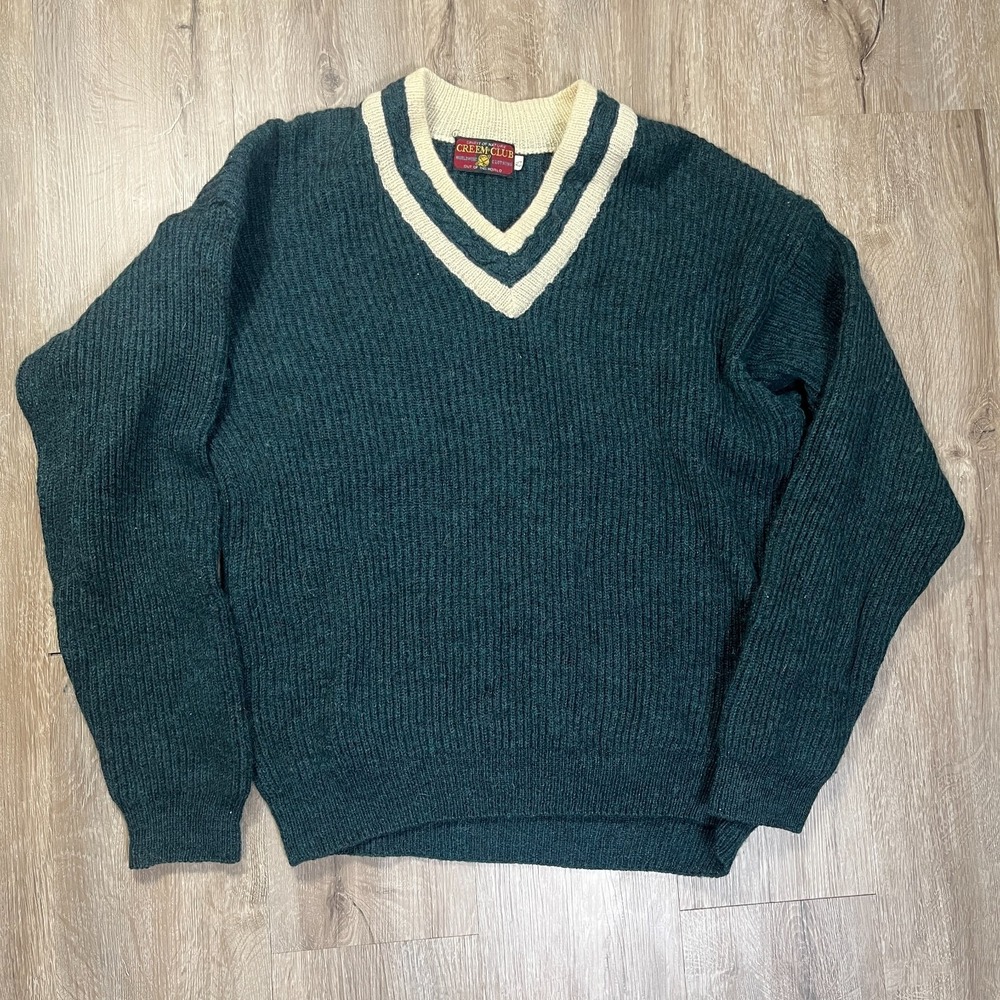 Creem Club 100% Shetlant Wool Tennis Sweater Green Men's XL 54 V Neck Pullover